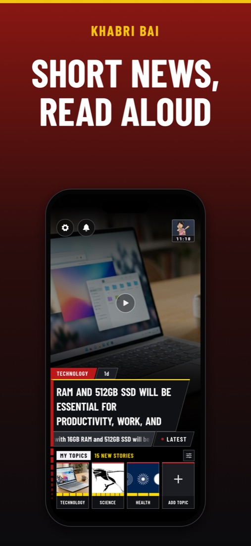 Home screen with the headline of the moment and a row of topics.